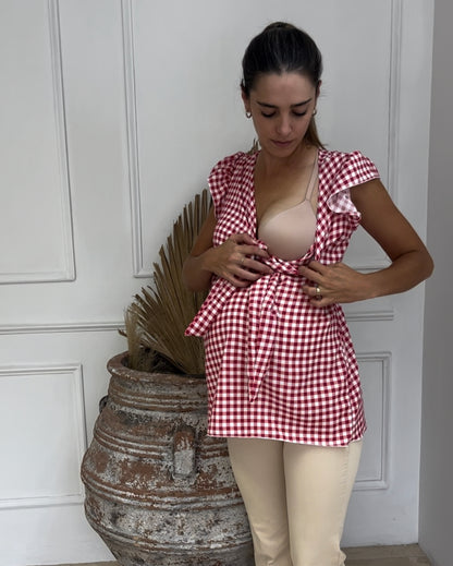 Maternity and nursing blouse, Brescia Red Squares
