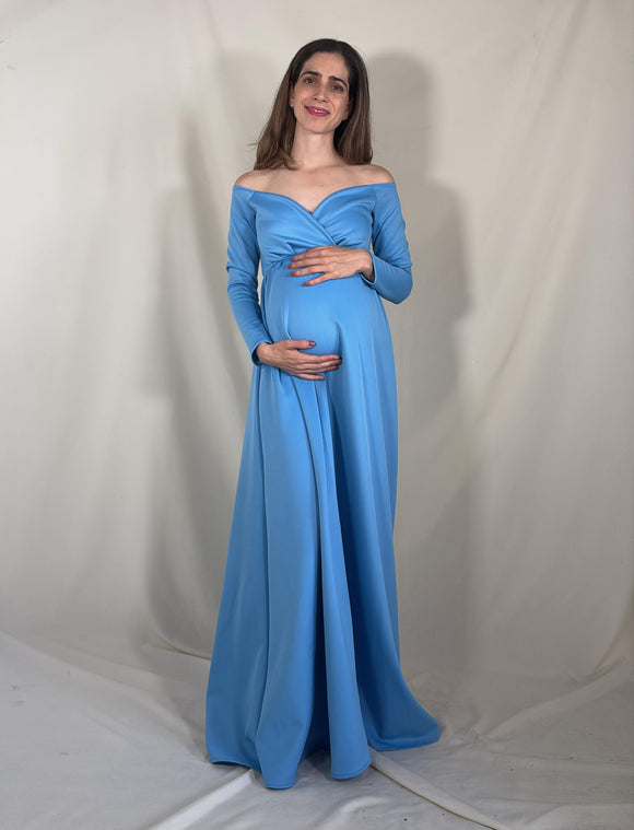 Bright blue maternity session dress, Alberta