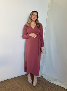 Vestido de maternidad Natalia midi rosa quemado manga larga