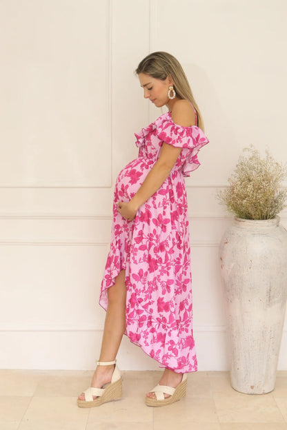 Vestido de maternidad y lactancia, Carlota rosa flores rosas (XG)