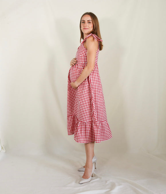 Vestido de maternidad y lactancia Rubi, cuadros rojos