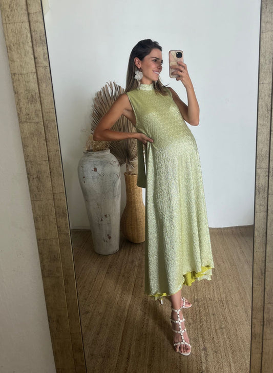 Vestido de maternidad Sonia, verde claro brilloso corrugado XG