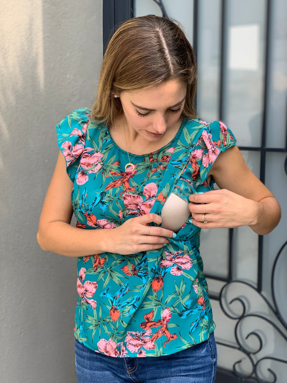 Blusa de lactancia, Andy verde con flores naranjas CH a G