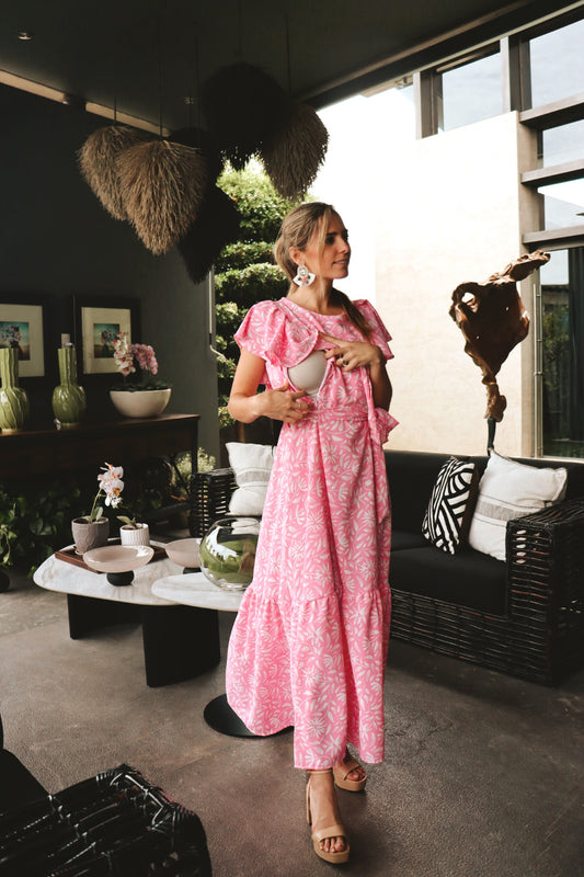 Vestido Mia de lactancia, rosa flores blancas CH