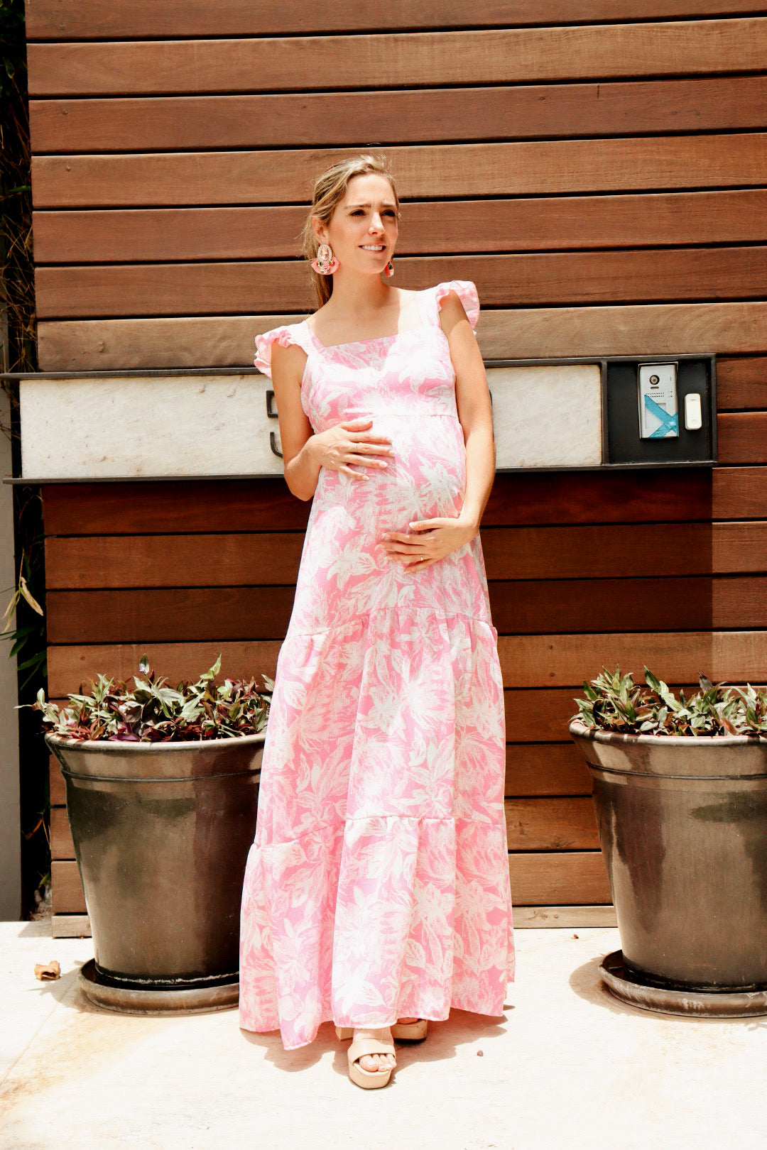 Vestido de maternidad Dalia rosa flores blancas