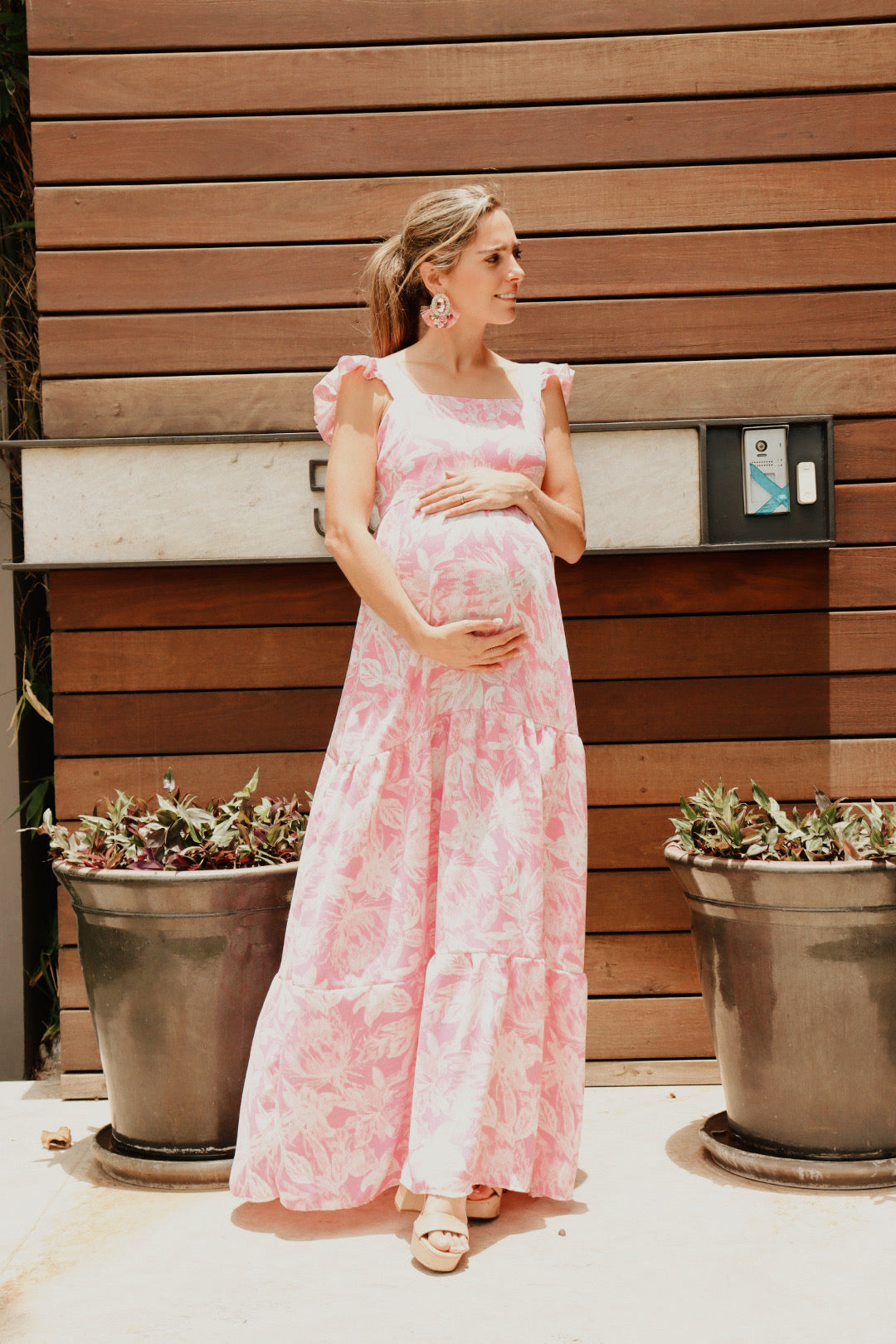 Vestido de maternidad Dalia rosa flores blancas