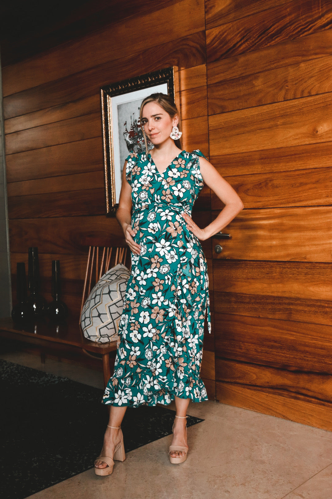 Vestido de maternidad, Ursula sin mangas verde con flores mostazas