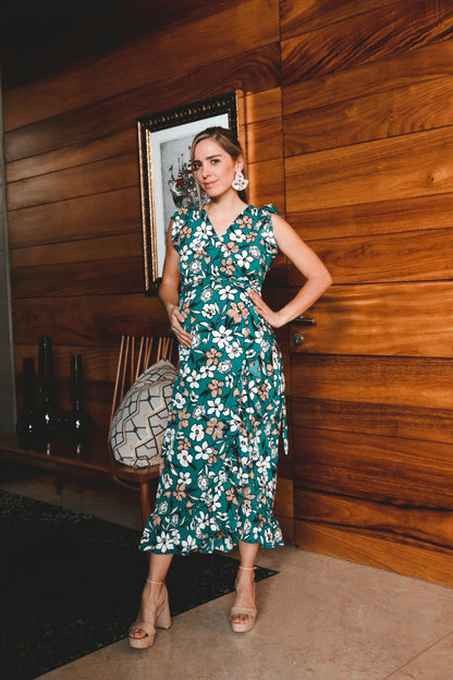 Vestido de maternidad, Ursula sin mangas verde con flores mostazas
