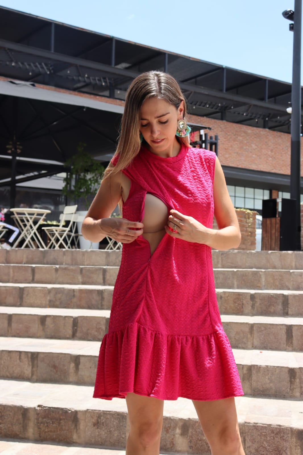 Vestido maternidad y lactancia, Lourdes sin mangas, rosa barbie textura