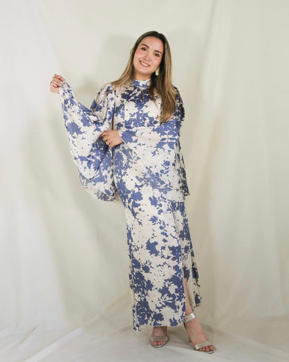 Vestido de lactancia, Pilar ivory flores azules satinado
