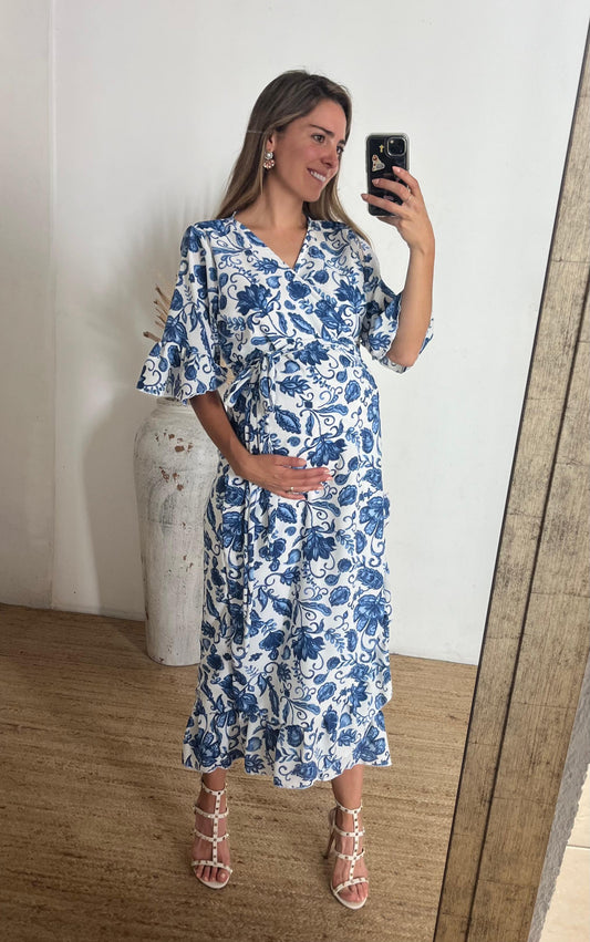 Vestido de maternidad, Ursula azul flores blancas