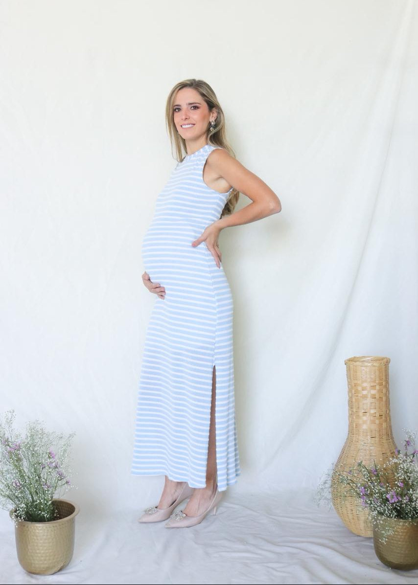 Vestido de maternidad Leslie, azul cielo rayas