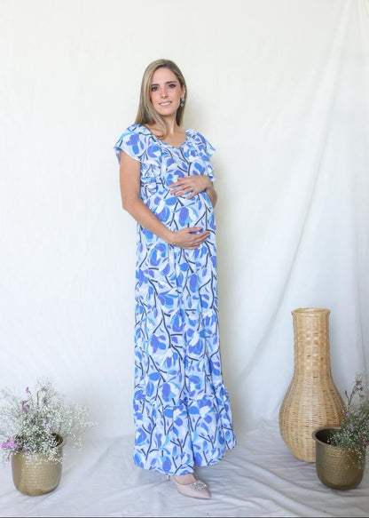 Vestido de Maternidad, Cristina azul flores tallos