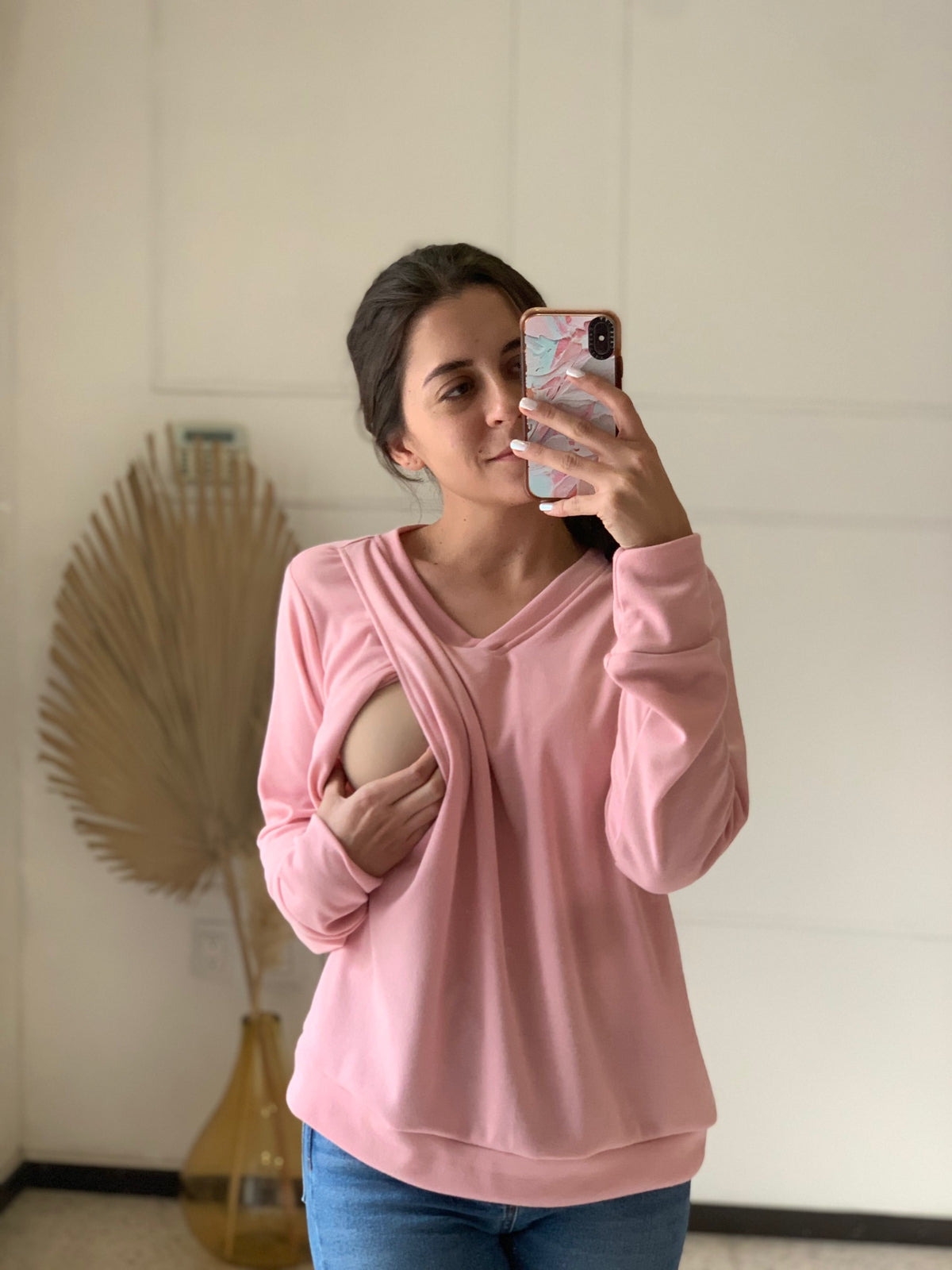 Suéter de lactancia Daniela rosa calientito, con abertura en pecho CH y XG