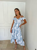 Maternity and nursing dress, Carlota blue with white flowers