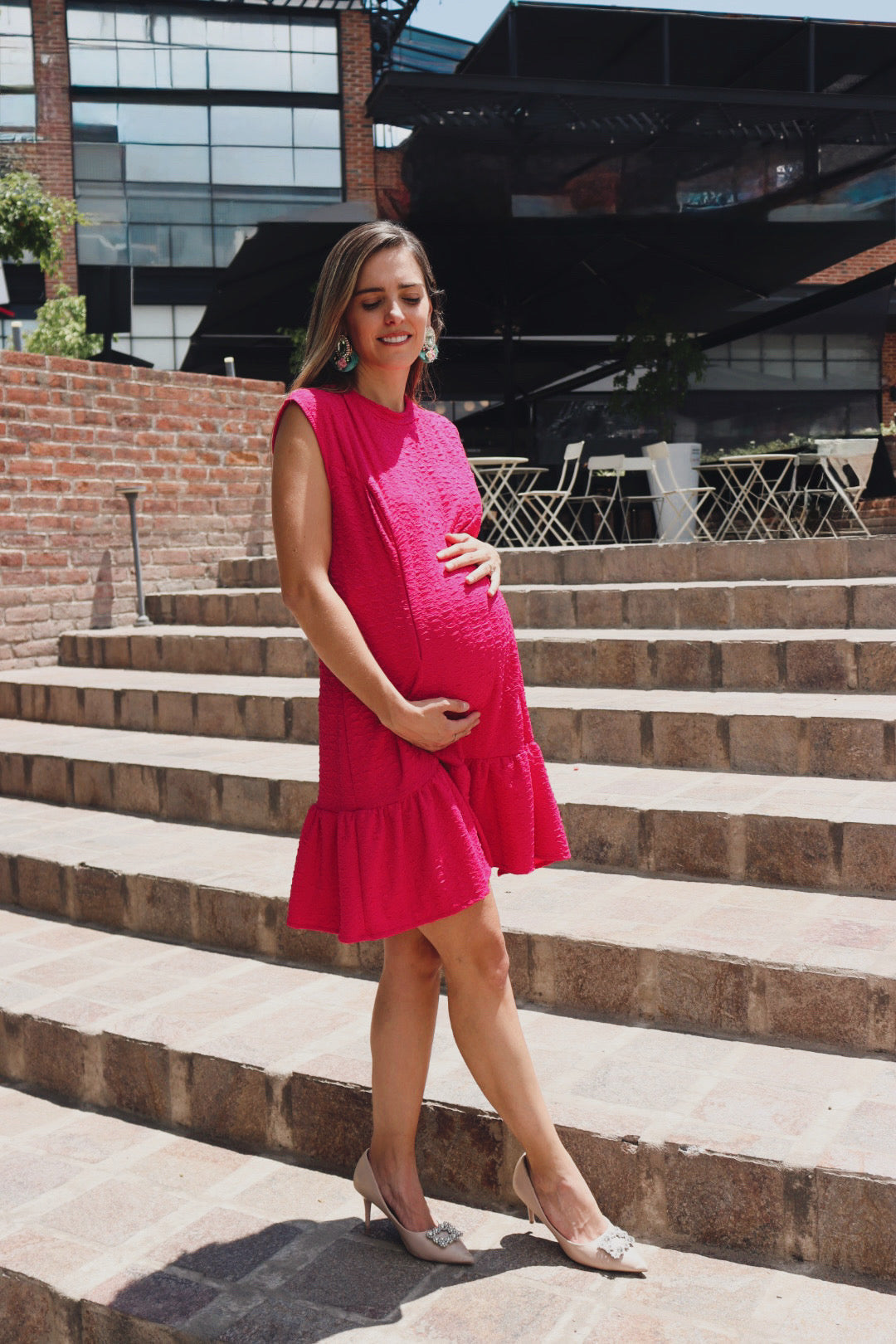 Vestido maternidad y lactancia, Lourdes sin mangas, rosa barbie textura
