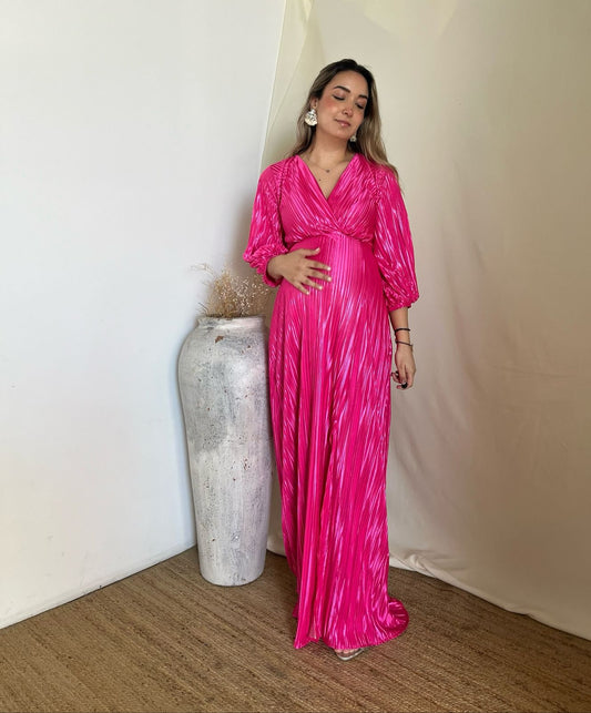 Vestido de maternidad, Nicole rosa neón corrugado XG