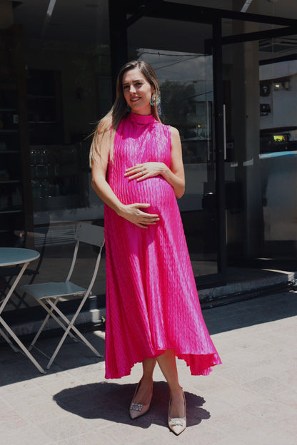 Vestido de maternidad Sonia, rosa barbie corrugado