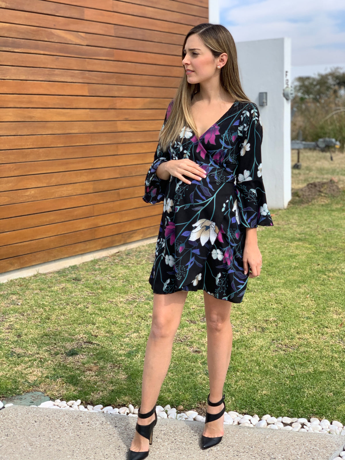 Maternity Dress, Natalia Black Flowered