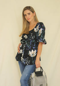 Maternity blouse, Luciana black white flowers