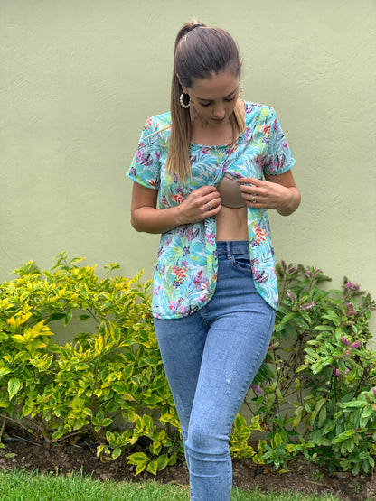 Nursing blouse, Diana blue aqua flowers