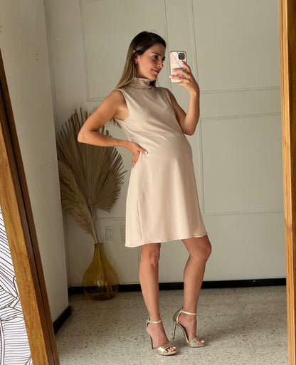 Maternity dress, striped beige turtle
