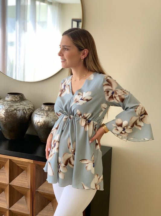 Blusa de maternidad, loreta gris flores
