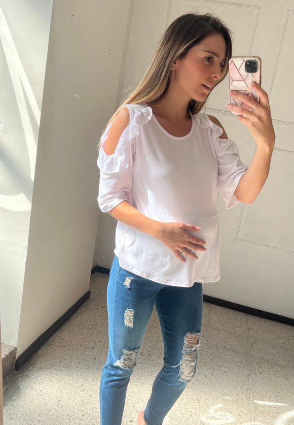Blusa de maternidad algodón sin hombros , blanca – Hello Mom