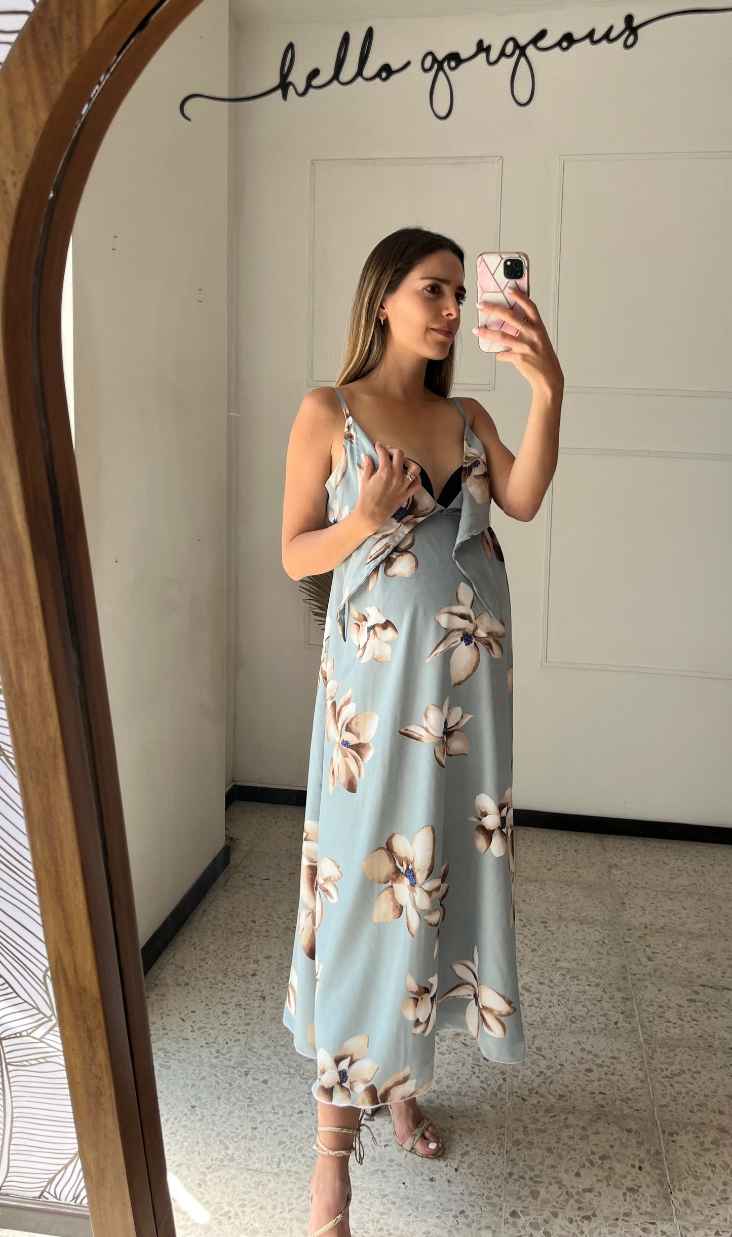 Manuela maternity and nursing dress, long gray flowers