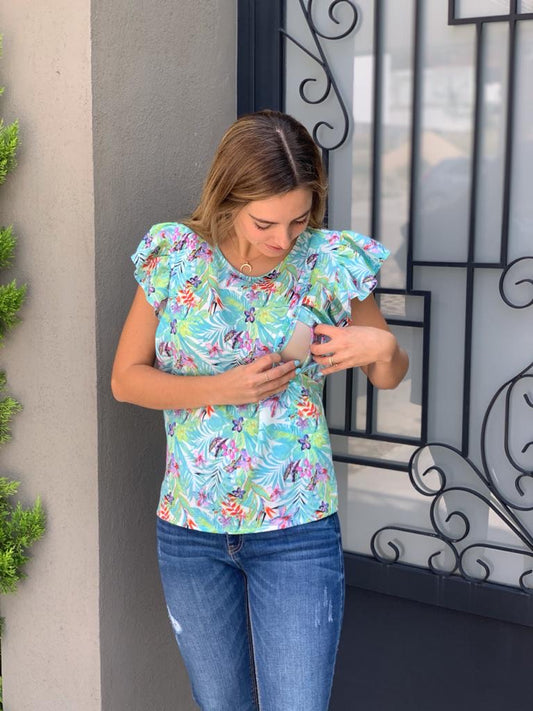 Nursing blouse, Andy blue aqua flowers