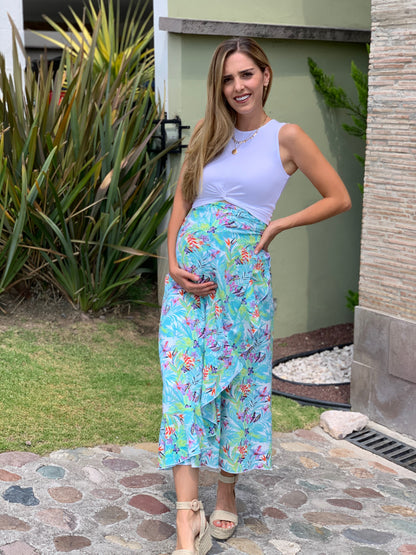 Falda de maternidad, azul flores aqua XL