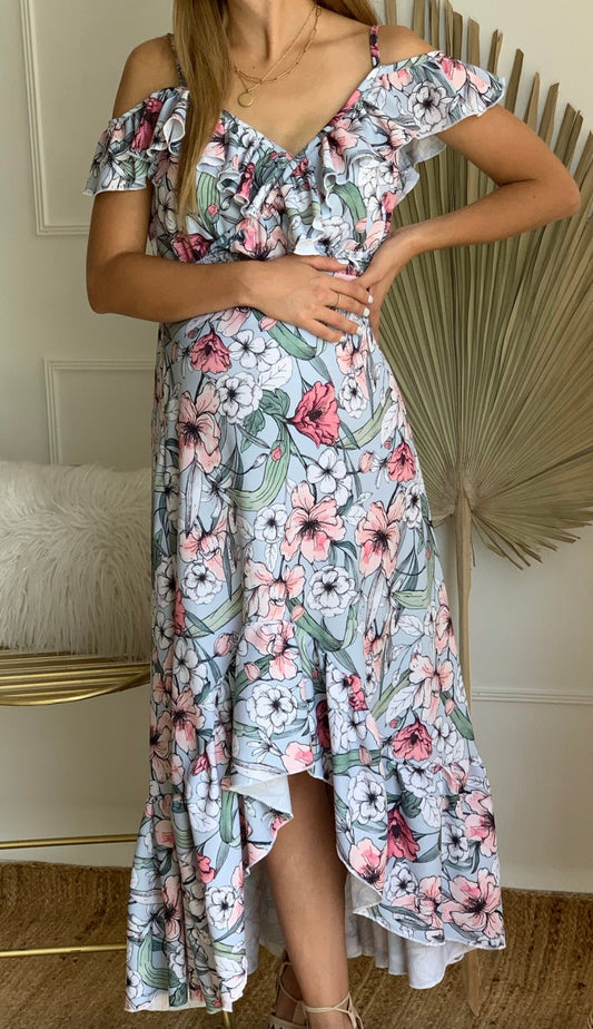 blue fabric with pink flowers