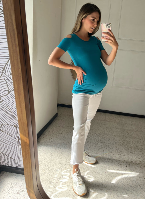 Blue maternity blouse, cotton shoulders