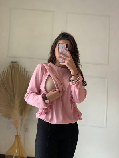 Maternity and nursing sweater, pink ruffles