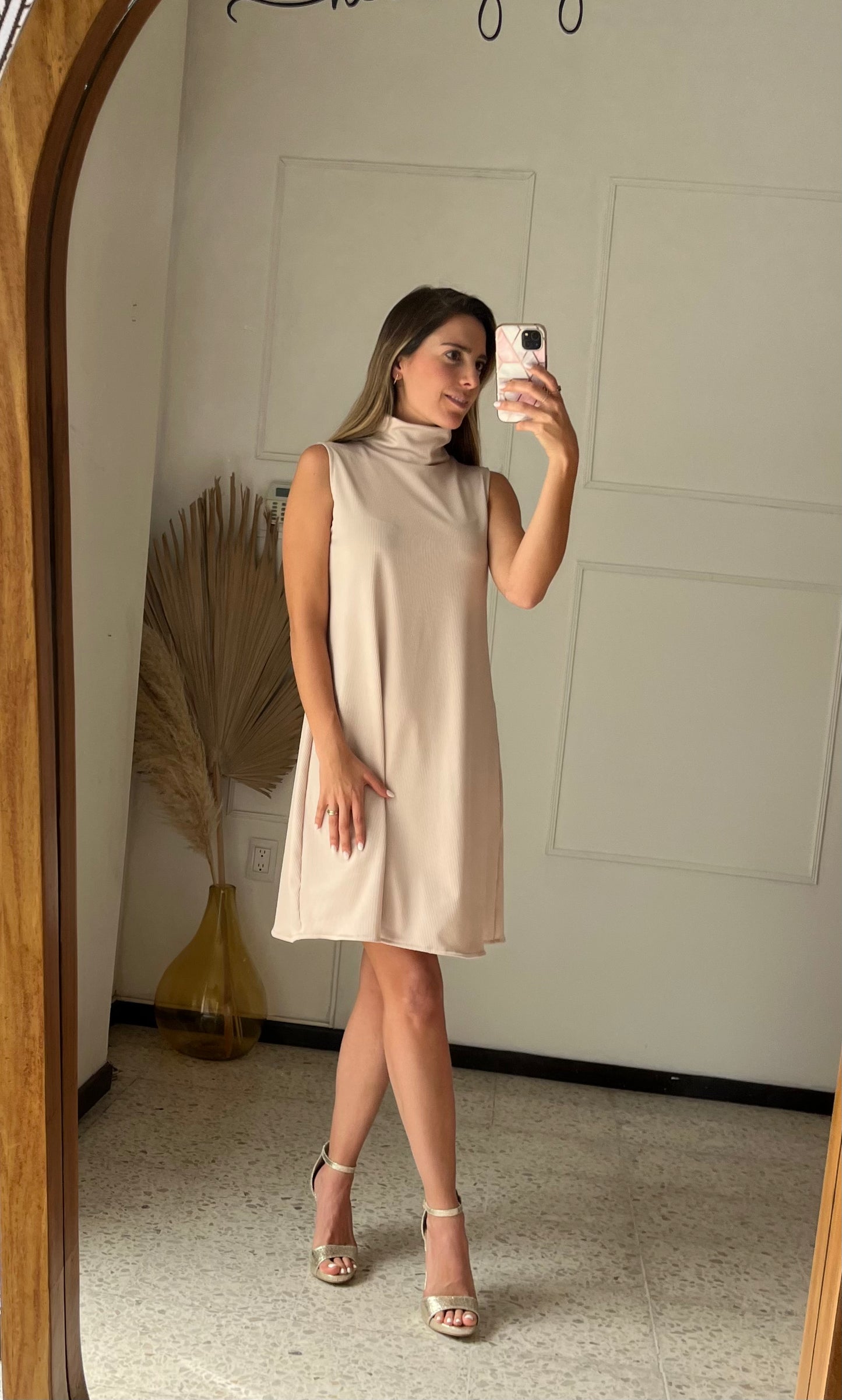 Maternity dress, striped beige turtle