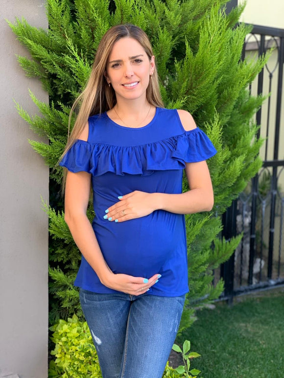 Blue ruffled maternity blouse