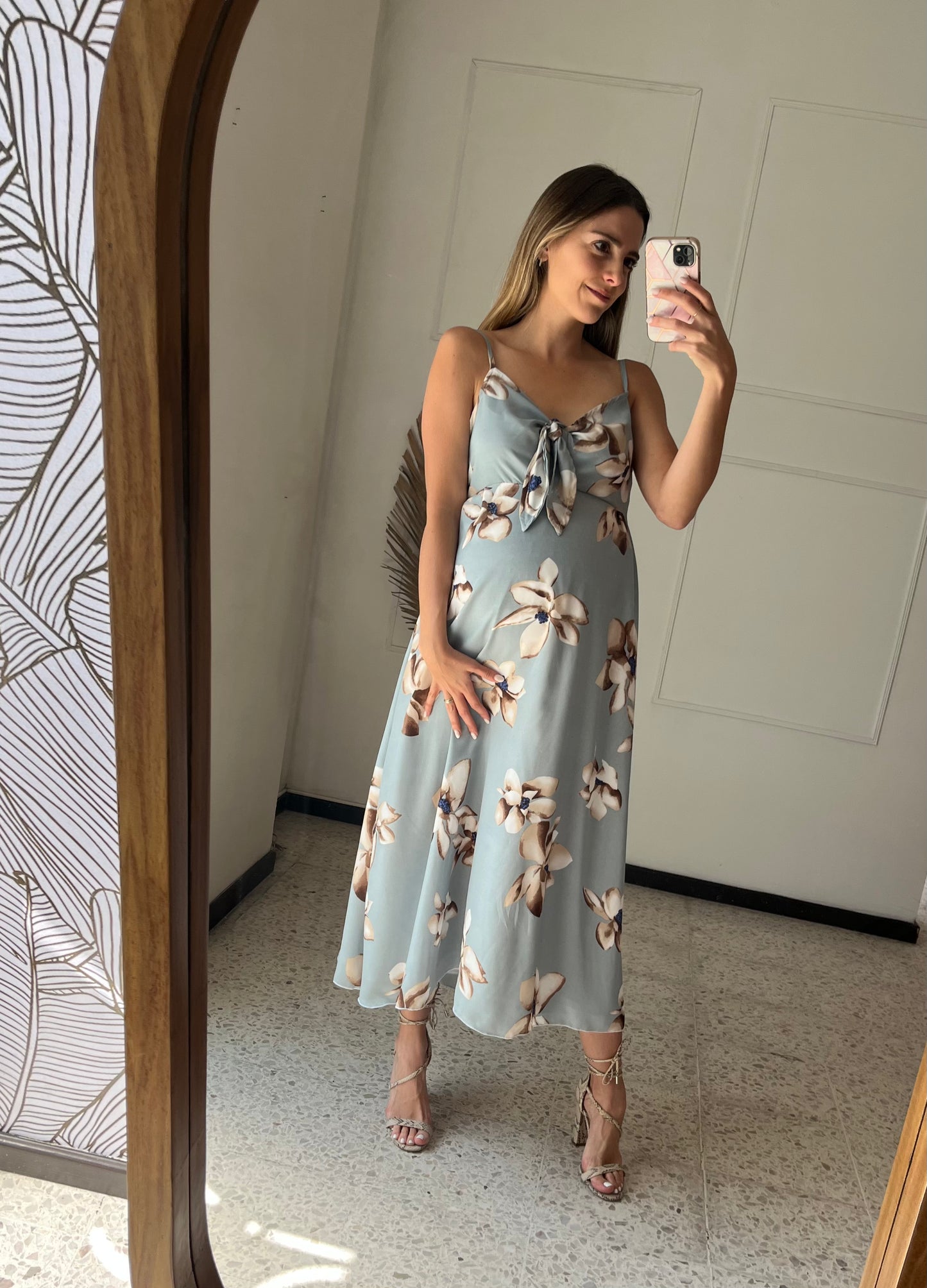 Manuela maternity and nursing dress, long gray flowers