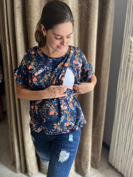 Nursing blouse, Georgina blue flowers fern flowers