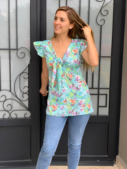 Maternity blouse, Brescia Blue aqua flowers