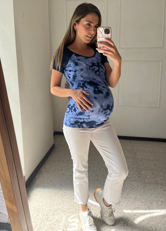 Blue tie dye maternity blouse